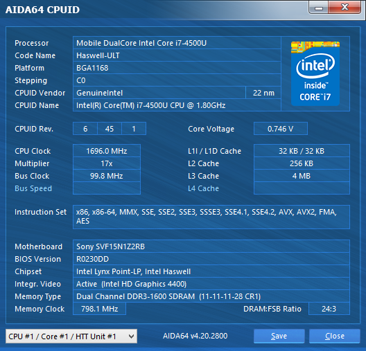 Sony VAIO Fit 15A multi-flip system information: CPU 
