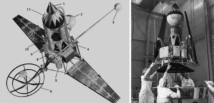  Установка Ranger Block II на переходник: 1 &ndash; малонаправенная антенна; 2 &ndash; антенна радиовысотомера; 3 &ndash; гамма-спектрометр; 4 &ndash; тормозной ракетный двигатель; 5 &ndash; телекамера; 6 &ndash; остронаправленная антенна; 8 &ndash; корректирующая двигательная установка; 9 &ndash; теплозащитный чехол; 10 &ndash; панели солнечных батарей; 11 &ndash; капсула с магнитометром 