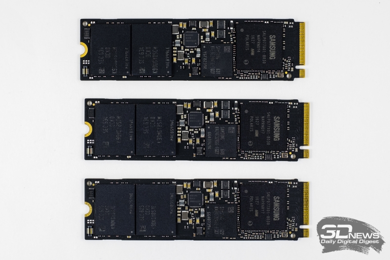  Samsung 960 EVO 250 Гбайт, 500 Гбайт и 1 Тбайт (снизу вверх) 