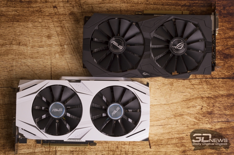  ASUS ROG Strix RX 470 OC 4 Гбайт (сверху) и ASUS GeForce GTX 1060 Dual 3 Гбайт (снизу) 